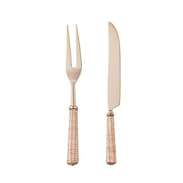 Imagem de FACA E GARFO PARA ASSADO WOLFF DE AÇO INOX COM CABO DE RATTAN DOURADO