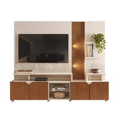 Imagem de Estante Home Teather para Tv até 55 Polegadas com Led Ripado Impressão 3d 2,10m Cross Off White Perolizado/madeirado Tauari Lukaliam
