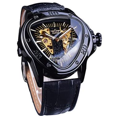 Imagem de Winner Relógio de pulso mecânico moderno, mostrador de corrida triangular, à prova d'água, mostrador esqueleto dourado, movimento automático, design de couro, relógio mecânico masculino, Preto 1,