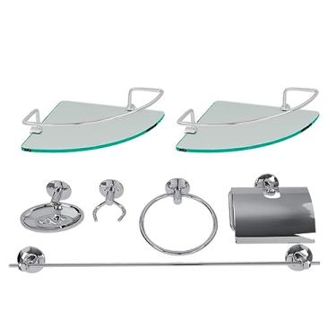 Imagem de Kit banheiro acessórios Completo Aço Inox 7 Peças com 2 Prateleira Porta Shampoo Vidro Canto