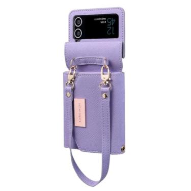 Imagem de Carteira de cordão para cartões de couro Solt Case para Samsung Galaxy Z Flip 5 4 Flip4 Flip3 5G Bolsa Bolsa Alça de mão Capa traseira com sensação, roxa, para Galaxy Z Flip 4