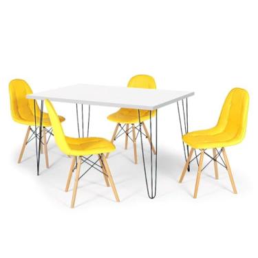 Imagem de Conjunto Mesa de Jantar Hairpin 130x80 Branca com 4 Cadeiras Eiffel Botonê - Amarelo
