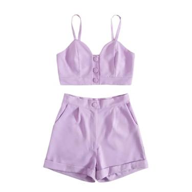 Imagem de Verdusa Blusa feminina casual sem mangas, conjunto de 2 peças com botões frontais e shorts, Roxo lilás, M