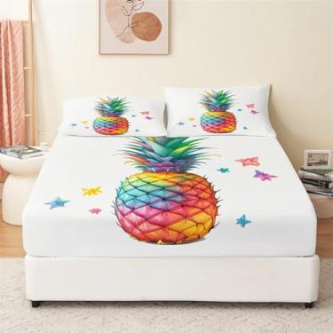 Imagem de Bhoyctn Jogo de lençol casal - Jogo de cama 100% microfibra macia - Conjunto de lençóis de 4 peças de frutas pintadas, abacaxi, cor clara, para colchão de até 40,6 cm, lençol com elástico alto - 137 x