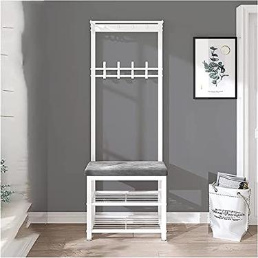 Imagem de Banco de entrada com cabideiro, banco de armazenamento de árvore 3 em 1, cabideiro, banco de sapatos com ganchos, sapateira, almofada de veludo, fácil de montar