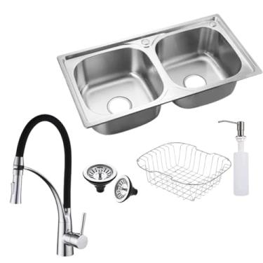 Imagem de Kit Cuba Dupla Gourmet Aço Inox + Torneira Gourmet Silicone Flexível Preto