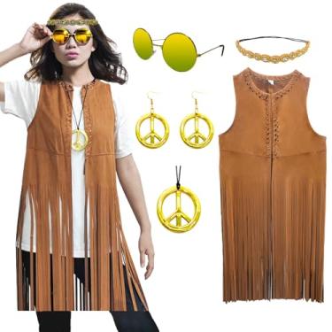 Imagem de ATAMET Roupas femininas hippie dos anos 60 e 70 com franjas, colete de camurça sintética com borla, faixa de cabeça boêmia para festa hippie, Marrom, 3G