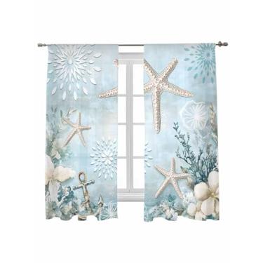 Imagem de Cortinas semitransparentes oceano verão 153 cm de comprimento, cortinas de tratamento de janela de estrelas do mar coral retrô e flores, cortinas de filtro de luz, azul claro, para sala de estar,