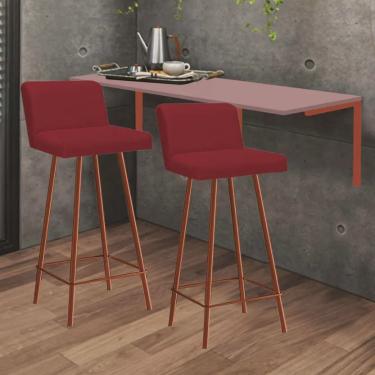 Imagem de Kit Mesa Suspensa de Parede Fixa mdf Rosa + 2 Banquetas Lexi Ferro Bronze Suede Vermelho - Ahazzo Móveis