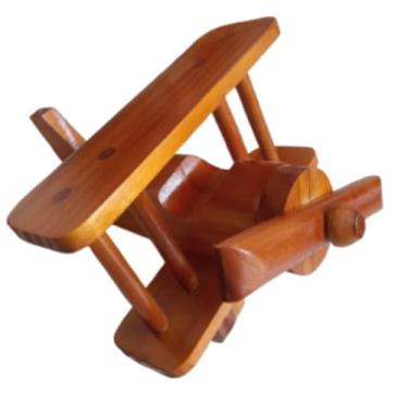 Imagem de Avião Biplano de Madeira, Hélice Giratória, 23 cm, Acabamento em Imbuia, Brinquedo Educativo