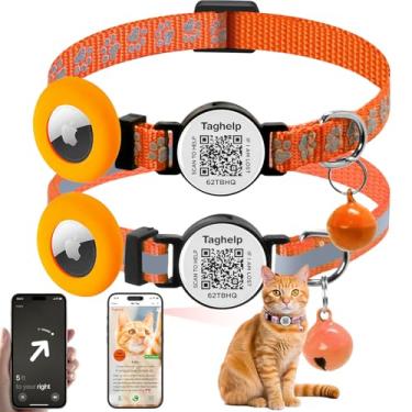 Imagem de Pacote com 2 porta-airtag para gatos com sinos, porta-Airtag para gatos com etiqueta de identificação inteligente QR Code, coleira reflexiva ajustável para gatos com fivela separável para meninas e