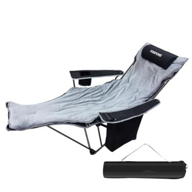 Imagem de POEPORE Cadeira de acampamento reclinável, 4 posições com descanso para os pés, confortável para adultos, 265 Ibs, espreguiçadeira dobrável de malha com bolsa térmica, almofada de algodão e suporte de