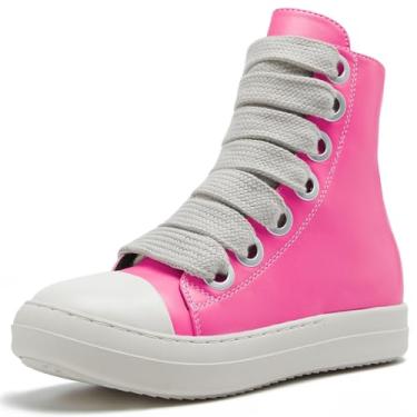 Imagem de IMPREMEY Tênis feminino de cano alto com cadarço de couro PU com solas grossas e zíper, sapatos de caminhada na moda, Rosa vermelha - pu-q, 9.5