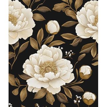 Imagem de Laatse Papel de parede floral grande vintage descasque e cole, papel de contato com flores de ouro preto e branco, 44,5 cm x 299,7 cm, papel de parede dourado escuro autoadesivo removível à prova