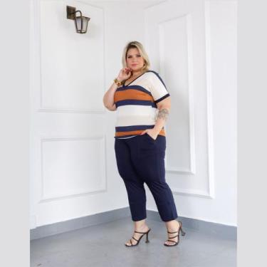 Imagem de Conjunto Verão Blusa Listrada Manga Curta e Calça Capri Plus Size - Ro