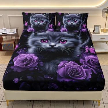 Imagem de AILONEN Jogo de lençol Queen de gato preto, flor roxa, gatinho kawaii fofo para crianças, meninas, lençol com elástico adorável com 2 fronhas, 3 peças