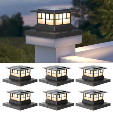 Imagem de LUTEC Pacote com 6 lâmpadas de poste solares, IP65 à prova d'água para postes de madeira/vinil, 10 x 12 cm, 12 x 15 cm, postes de madeira/vinil, branco quente 3000 K, iluminação solar para quintal