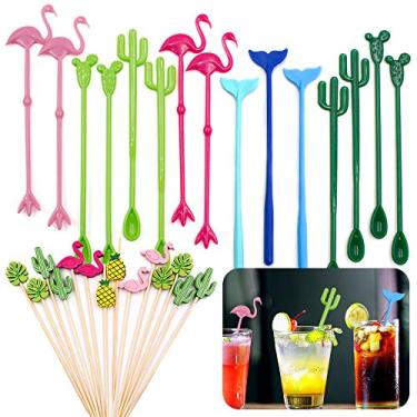 Imagem de Daily Treasures Palitos para coquetéis para bebidas geladas, 15 peças, flamingo, cacto, baleia, reutilizável, com 14 peças, palitos decorativos de bambu de 12,7 cm, para festas tropicais na praia