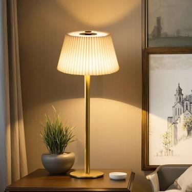 Imagem de Candeeiro de mesa pequeno recarregável, mini lâmpadas LED sem fio de 4000 mAh de tecido dourado, lâmpada operada por bateria com lâmpadas de toque reguláveis de 3 cores para quarto/bares/festa ao ar