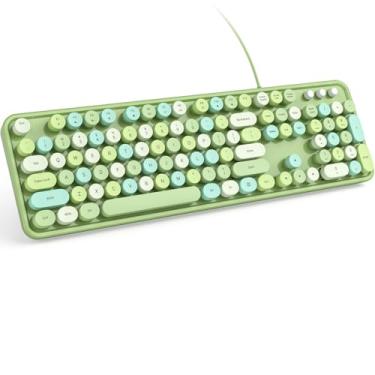 Imagem de KNOWSQT Teclado de computador com fio – Teclas redondas de tamanho completo retrô colorido verde Plug and Play, máquina de escrever lindos teclados para Windows, laptop, PC, desktop, computador