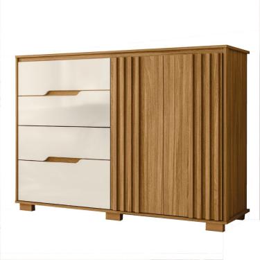 Imagem de Cômoda Texas 4 Gavetas 2 Portas em MDF com Puxador Cava e Ripado Off White e Freijó Mod...