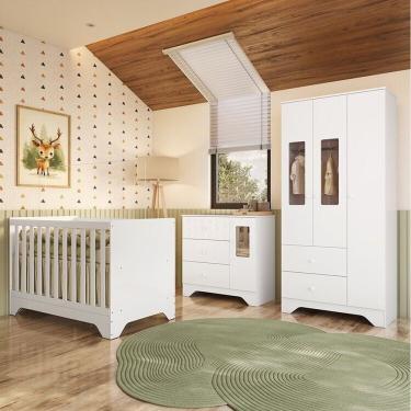 Imagem de Quarto De Bebê Completo Guarda Roupa e Cômoda Com Janelas e Berço 100% Mdf Ravy Branco Brilho
