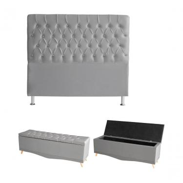 Imagem de Kit Estrela Cabeceira De Cama Box E Calçadeira Baú Pés Palito Botão Cristal Queen 160 Cm Suede Prata Do Lar Móveis