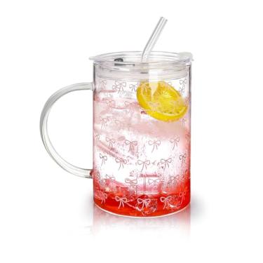 Imagem de Koythin Copos de vidro com tampas e canudos, xícaras de café gelado com tampa para chá, lattes sucos, refrigerantes, cerveja, copo de alto volume com alça para mães e mulheres, garrafas de água