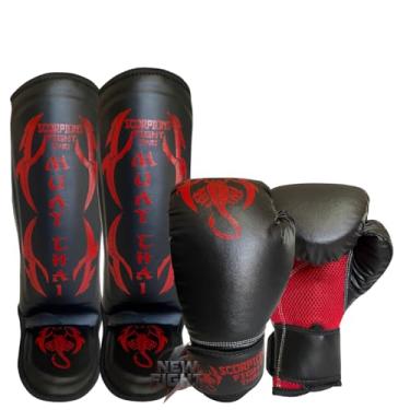 Imagem de Luva Muay Thai Boxe Kickboxing+caneleira Protetor De Canela (Vermelho, 14oz)