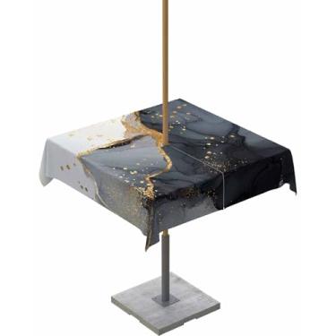 Imagem de Toalha de mesa preta dourada com textura de mármore ao ar livre, 137 x 137 cm, retangular, arte abstrata, preta, com orifício para guarda-chuva e zíper, à prova d'água, sem rugas, toalhas de mesa para