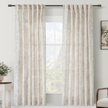 Imagem de Cortinas florais marrons com aba traseira de 203 cm de comprimento, cortinas de filtragem de luz para sala de estar, estampa marrom, estampa em branco creme, cortina de linho, minimalista, estética