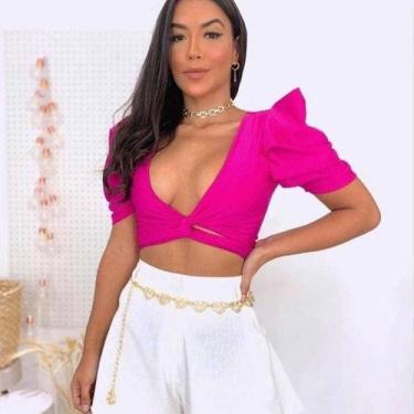 Imagem de Cropped feminino bufante manga curta multiformas - Filó Modas, g, Fucs