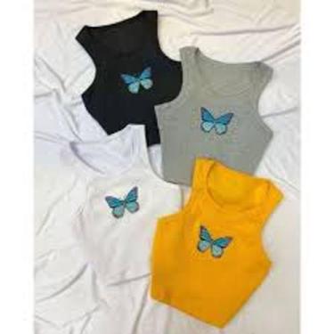 Imagem de Cropped feminino borboleta sem manga malha canelada mulher - filo moda