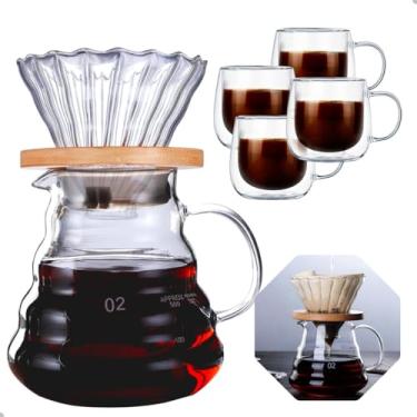 Imagem de Conjunto de Café Pour Over, Cafeteira de Vidro 600ml com Suporte, 4 Xícaras de Parede Dupla 80ml