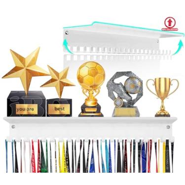 Imagem de Prateleira de troféu de medalha branca antiderrapante premium, expositor de cabide de medalha para parede com prateleira de troféu de metal, exibição de medalhas de corrida Exibição de suporte de medalha atualizado para gimástria, corrida, futebol, natação