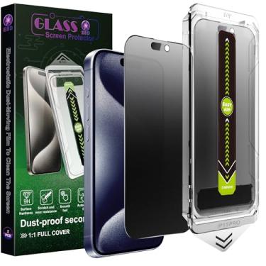 Imagem de SY SHANGYAN Pacote com 2 protetores de tela de privacidade fosco para iPhone 15 Pro, vidro temperado 9H, cobertura total, anti-impressões digitais, eliminação automática de poeira, sem bolhas, fácil
