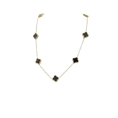 Imagem de Colar Madrepérola Dupla Face, Trevo, Aço Titânio, Ouro 18K (Preto)