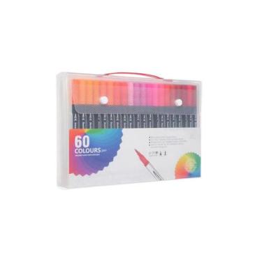 Imagem de Kit 60 Canetas Desenho Pintura Ponta Dupla Com Maleta - SHR, CANETA FI
