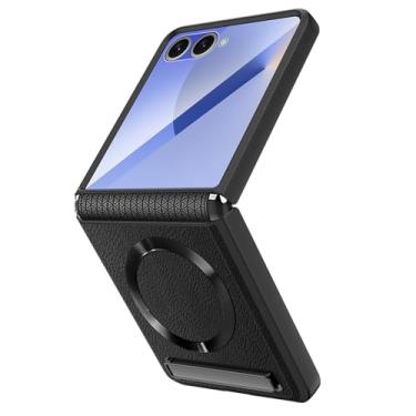 Imagem de POYUFRG Capa magnética para Samsung Galaxy Z Flip 7, capa de proteção fina de couro com dobradiça de tela com suporte invisível, capa com tudo incluído, preta, Z Flip 7
