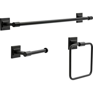 Imagem de Delta Faucet McLaren Conjunto de banheiro de 3 peças, SpotShield preto fosco, toalheiro de 45,7 cm/61.0 cm, suporte de papel higiênico, anel MCL63-MB