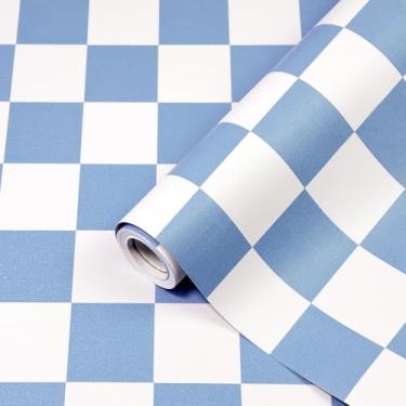 Imagem de Amiya Papel de parede quadriculado descasque e cole papel de contato azul quadriculado moderno autoadesivo vinil removível mosaico de papel de parede para forro de prateleira, quarto, armários, sala