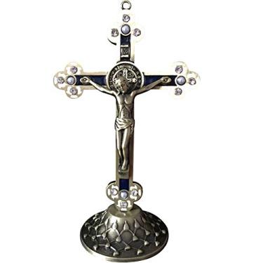 Imagem de Kelendle Jesus Cristo na Cruz Crucifixo de 15 cm com Base Destacável Bronze Dourado Diamantado Pérolas Estilo Barroco Vintage Antigo para Presente Religioso Casa Decoração de Parede de Igreja (Bronze)