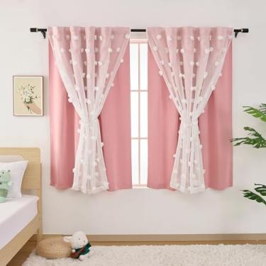 Imagem de Cortinas rosa para quarto de meninas, escurecimento do quarto, 153 cm de comprimento, conjunto de 2 painéis, cortina de berçário de camada dupla com pompom branco transparente e 2 laços magnéticos