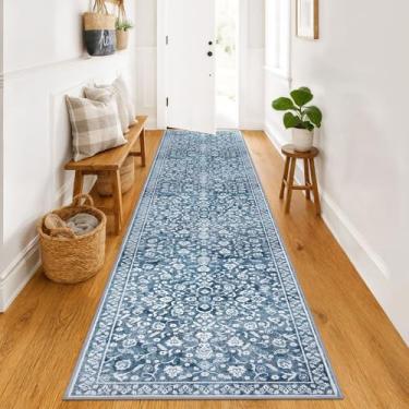 Imagem de SILOLOOM Tapetes de corredor vintage para corredor 7,5 x 30,5 cm, azul e branco, lavável, tapete antiderrapante, tapete de corredor de cozinha super macio, estampa floral de lã sintética, tapete fino