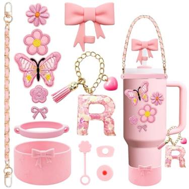 Imagem de XIANGYUAN Conjunto de acessórios de copo rosa de 14 peças para copo Stanley Cup de 850 g 1,134 g com alça, inclui alça, decoração de arco de palha, capa de palha, bota, tampas à prova de derramamento