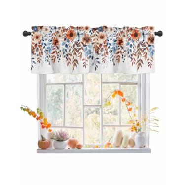 Imagem de Cortina marrom outono folhas de eucalipto sanefas para janelas laranja retrô folhas flores saia haste bolso janela tratamento cortinas curtas para cozinha, banheiro, sala de estar, quarto, 1 painel