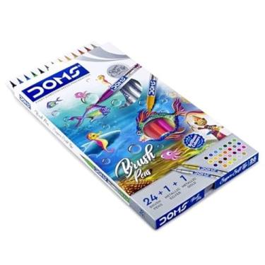 Imagem de Doms Pacote de caixa de caneta pincel | Ponta flexível e macia que dá efeito de cor de água | Inclui uma sombra prateada e dourada no interior | Canetas pincel leves para crianças | Conjunto de 26