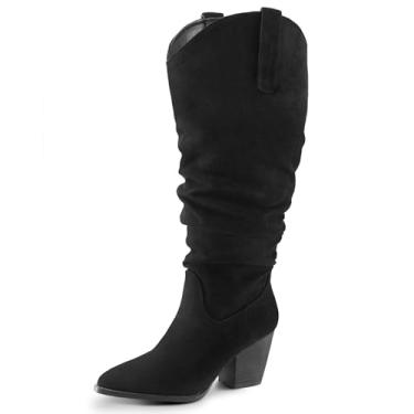 Imagem de mysoft Botas femininas de cano alto de panturrilha larga Cowgirl salto baixo grosso empilhado largura larga bico fino botas altas despojadas com zíperes, Panturrilha larga preta, 8.5 Wide