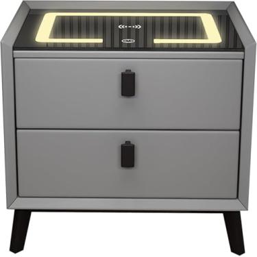Imagem de Mesa De Cabeceira Inteligente, Mesa De Cabeceira Multifuncional Com Luzes Led E Estação De Carregamento Sem Fio, Mesa De Cabeceira Com 2 Gavetas, Mesa De Cabeceira Peque, Gray+black, L-40cm