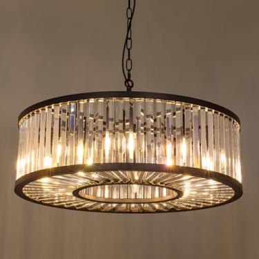 Imagem de Wellmet Lustre de cristal de tambor, lustre preto de 71 cm para sala de jantar, luminária de teto de hall de entrada de fazenda moderna, iluminação suspensa redonda grande para sala de estar, entrada